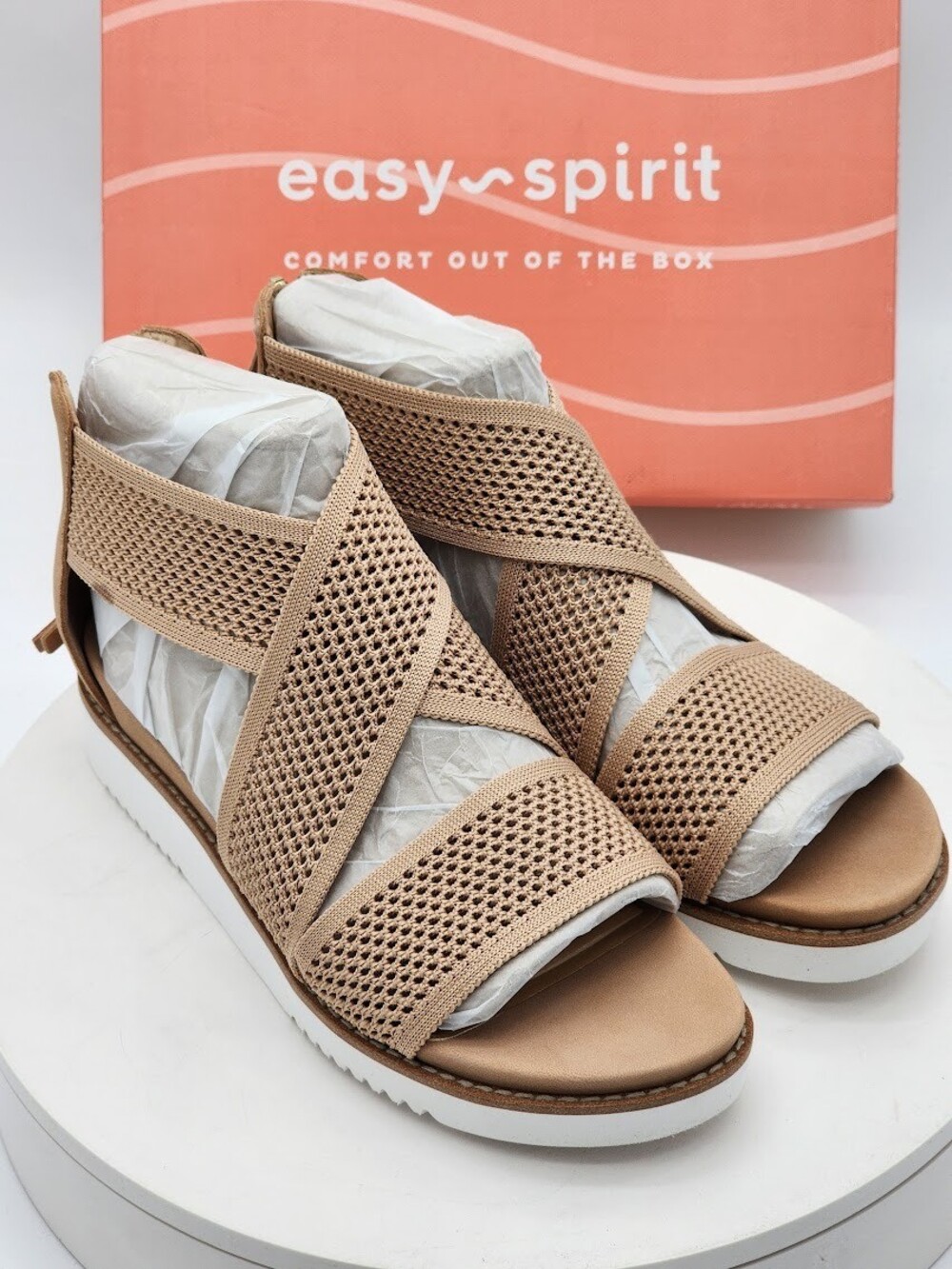 Easy Spirit Wander2 Light Natural Knit Wedge Sandals Women’s Size 8 Wide
